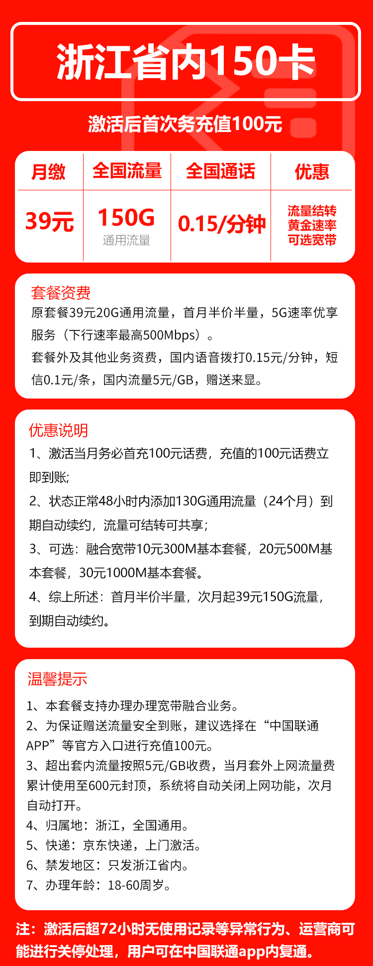 联通浙江省内150卡39元/月:150G流量+通话0.15元/分钟(长期套餐,仅发浙江省内,可选号)