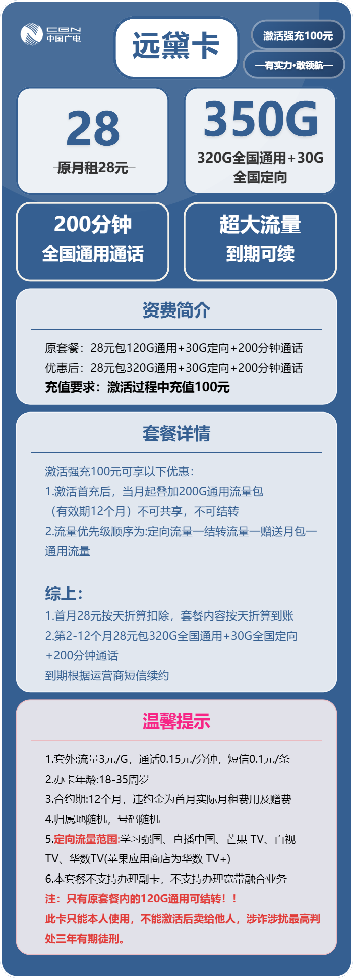 广电远黛卡28元/月：350G流量+200分钟通话（长期套餐）