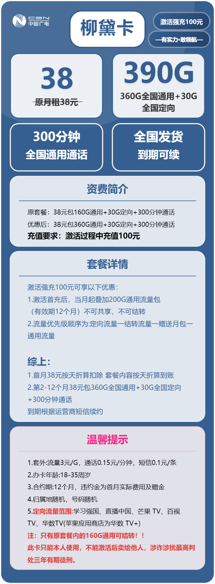 广电柳黛卡38元/月:390G流量+300分钟通话(长期套餐)