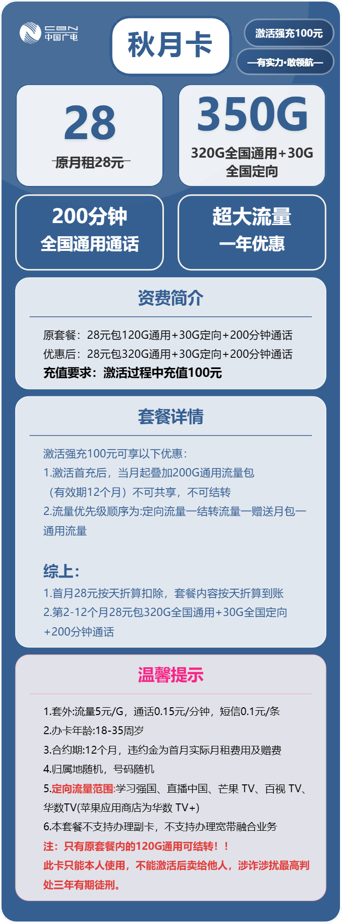 广电秋月卡28元/月:350G流量+200分钟通话(可选号)