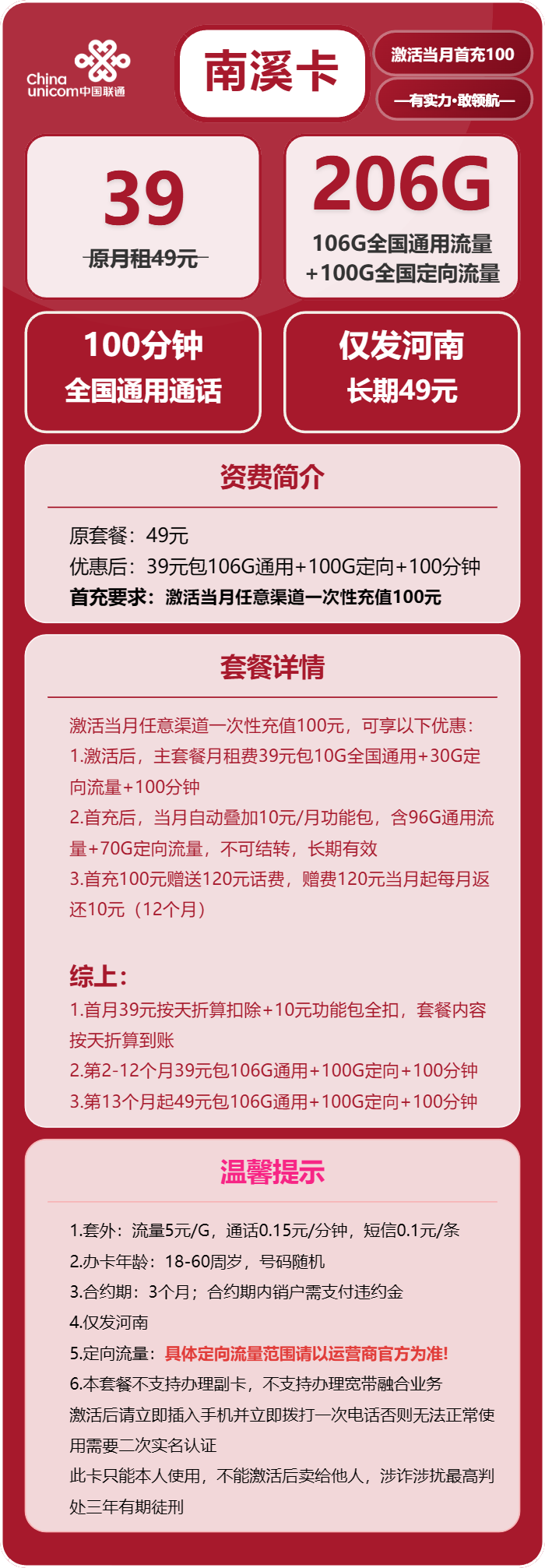 联通南溪卡39元/月:206G流量+100分钟通话(第13个月起49元月租,长期套餐,仅发河南省内)