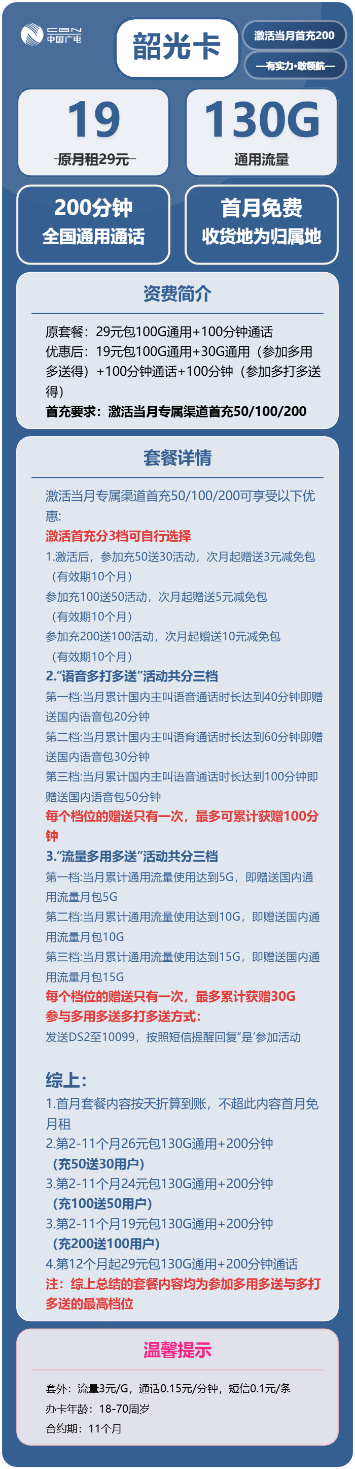 广电韶光卡19元/月:130G流量+200分钟通话(长期套餐,收货地为归属地,流量可结转,可选号)