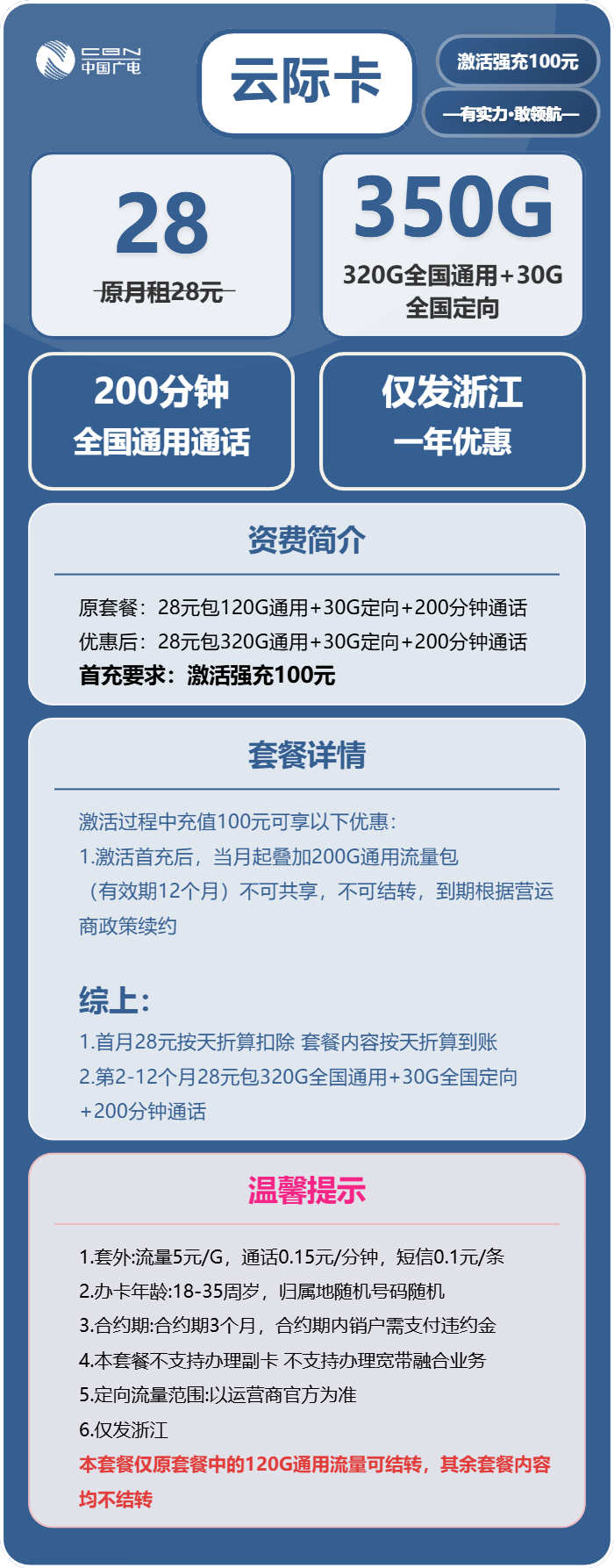 广电云际卡28元/月:350G流量+200分钟通话(仅发浙江省内)