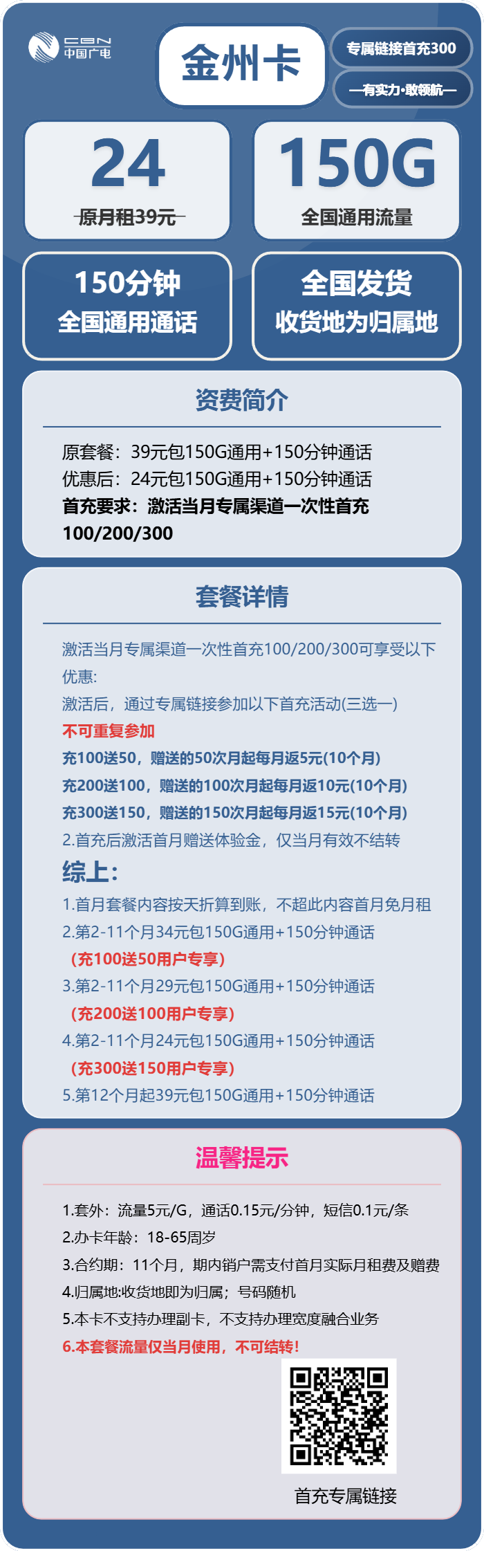 广电金州卡24元/月:150G流量+150分钟通话(长期套餐,收货地为归属地)