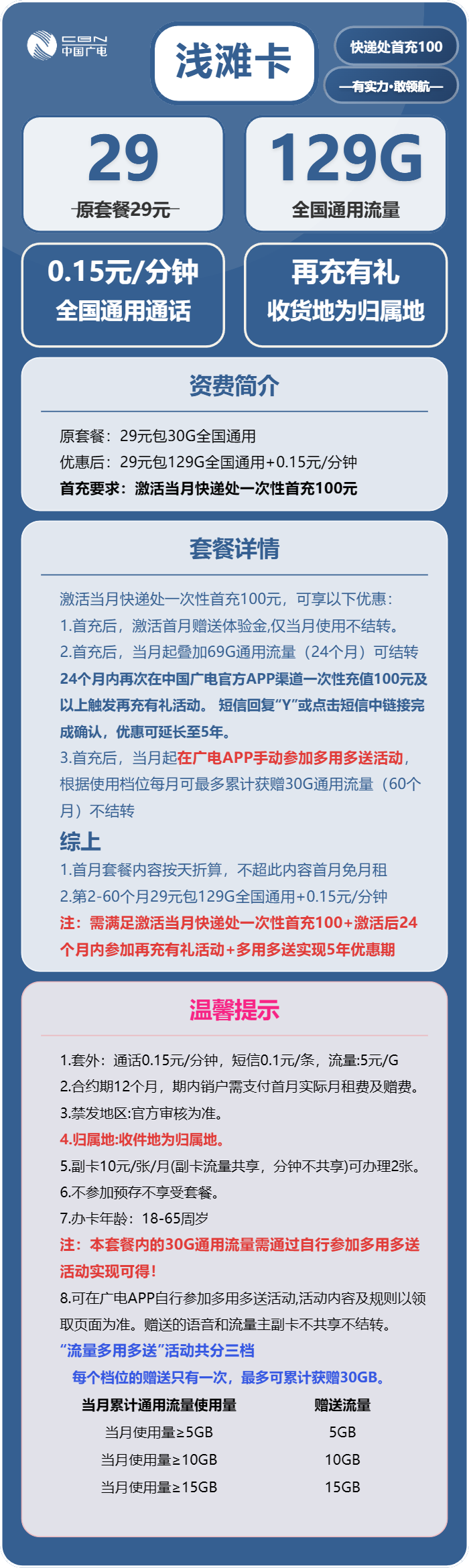 广电浅滩卡29元/月:129G流量+通话0.15元/分钟(长期套餐,收货地为归属地)