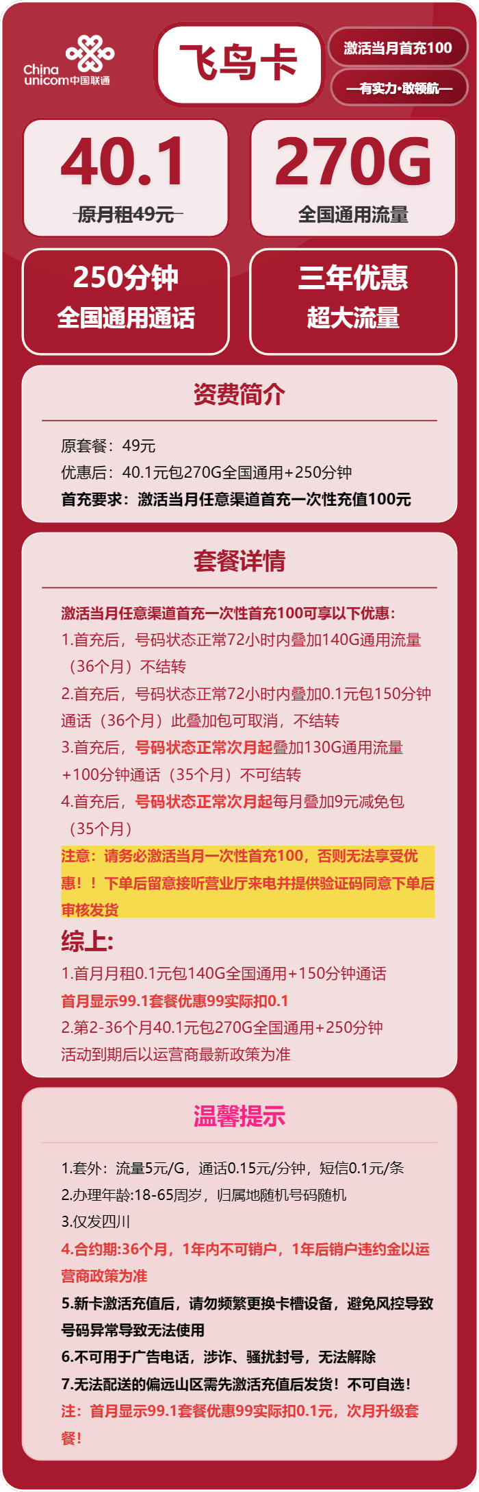 联通飞鸟卡40.1元/月：270G流量+250分钟通话（3年套餐，仅发四川省内）