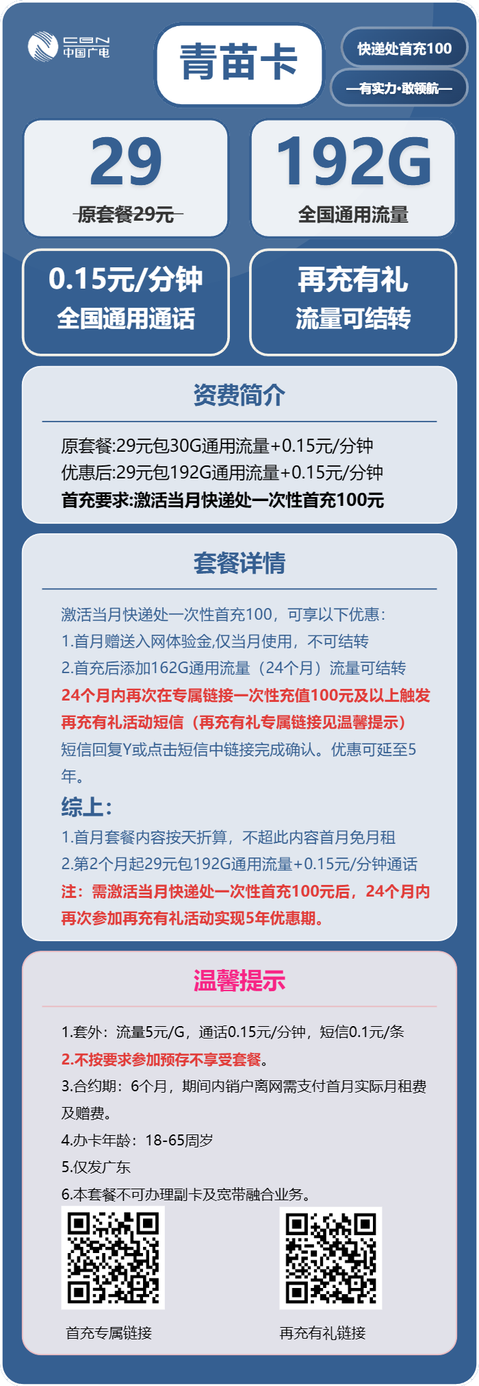 广电青苗卡29元/月:192G流量+通话0.15元/分钟(5年套餐,仅发广东、广西、浙江、湖南、江西省内)