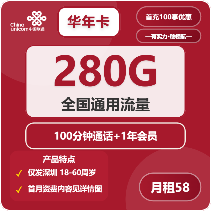 联通华年卡58元/月：280G流量+100分钟通话+会员（长期套餐，送1年视频会员，仅发深圳市内）