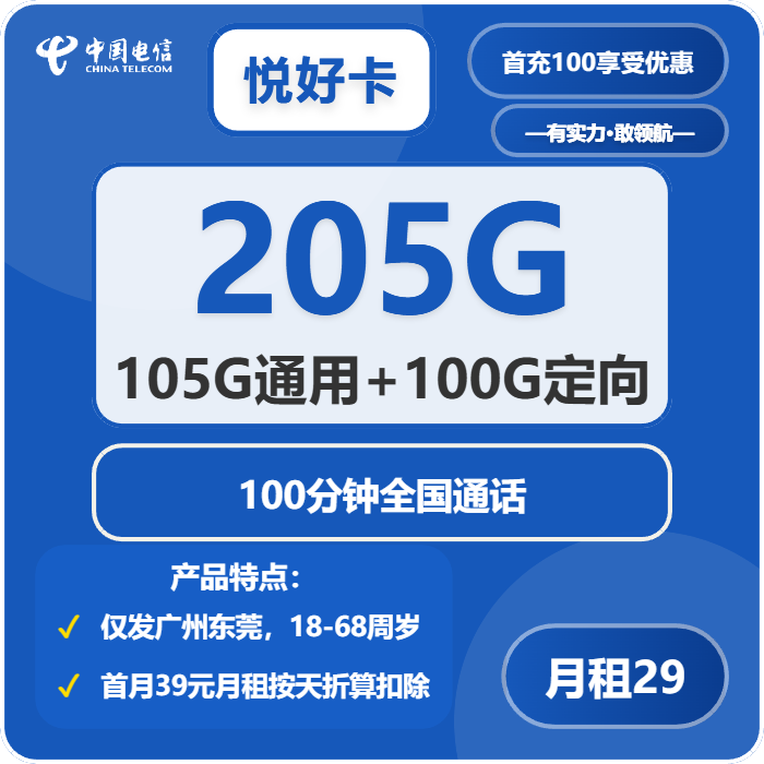 电信悦好卡29元/月：205G流量+100分钟通话（仅发广州、东莞）