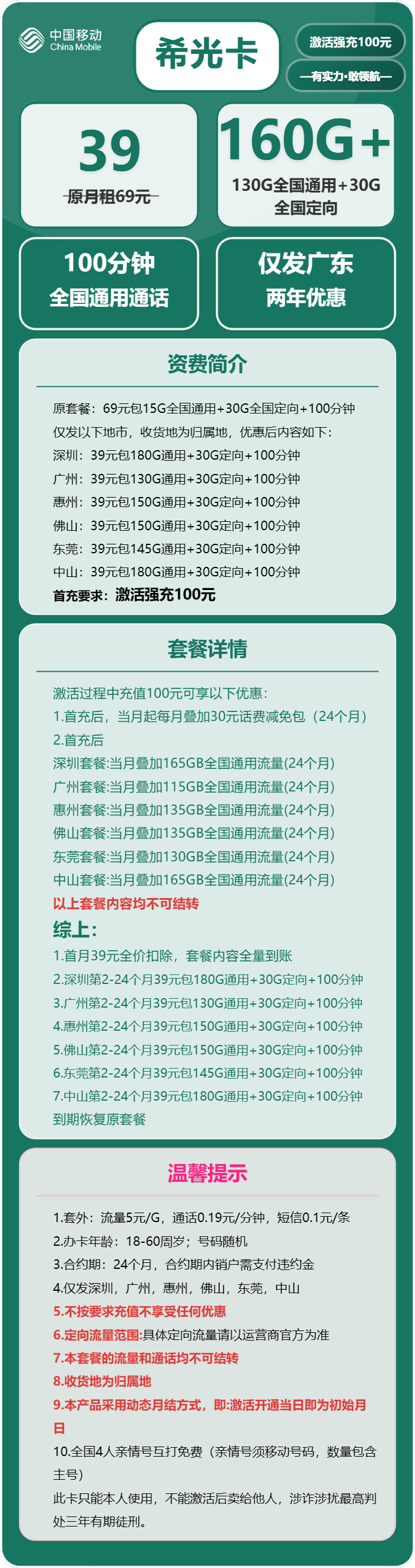 移动希光卡39元/月:160G流量+100分钟通话(仅发深圳、广州、惠州、佛山、东莞、中山)