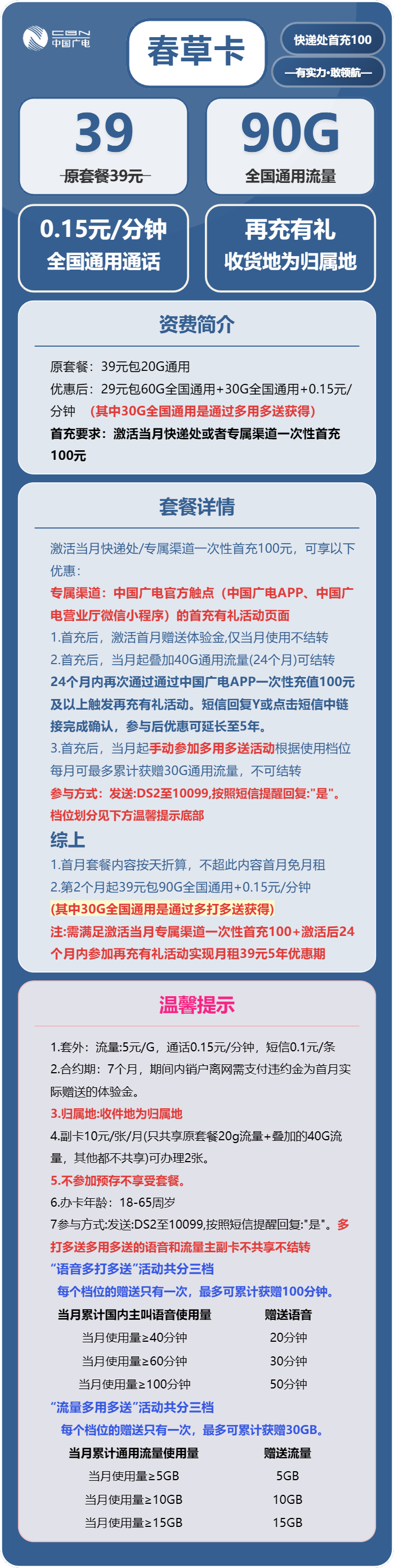广电春草卡39元/月:90G流量+通话0.15元/分钟(5年套餐,收货地为归属地)