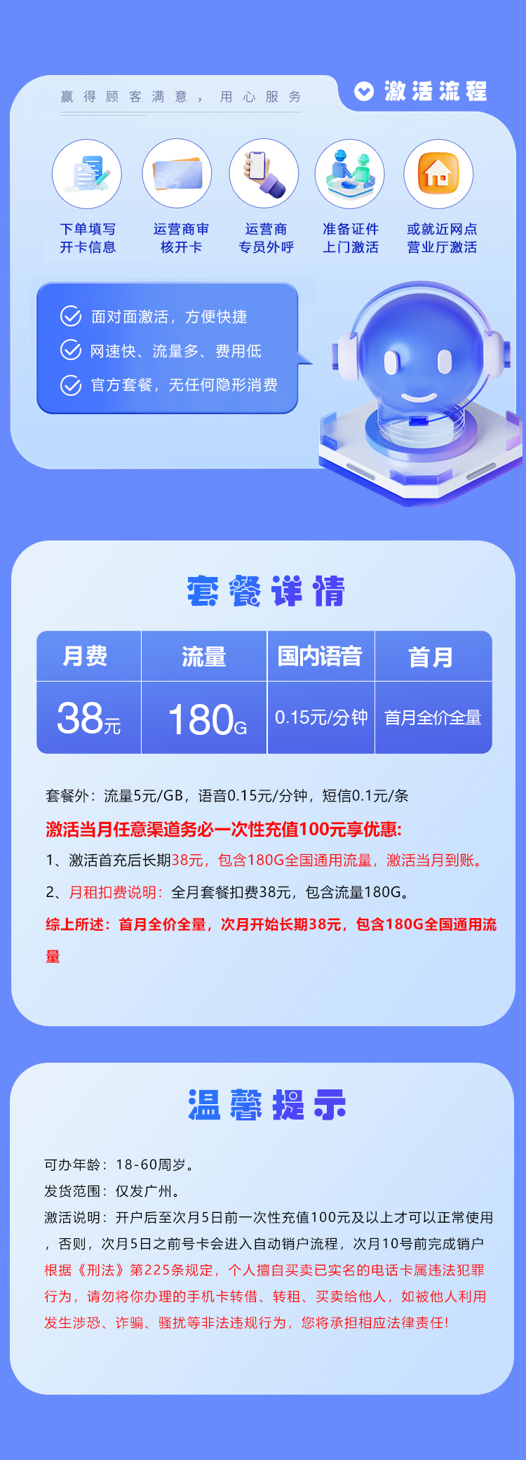 联通广州专享卡38元/月:180G流量+通话0.15元/分钟(长期套餐,仅发广州市内)
