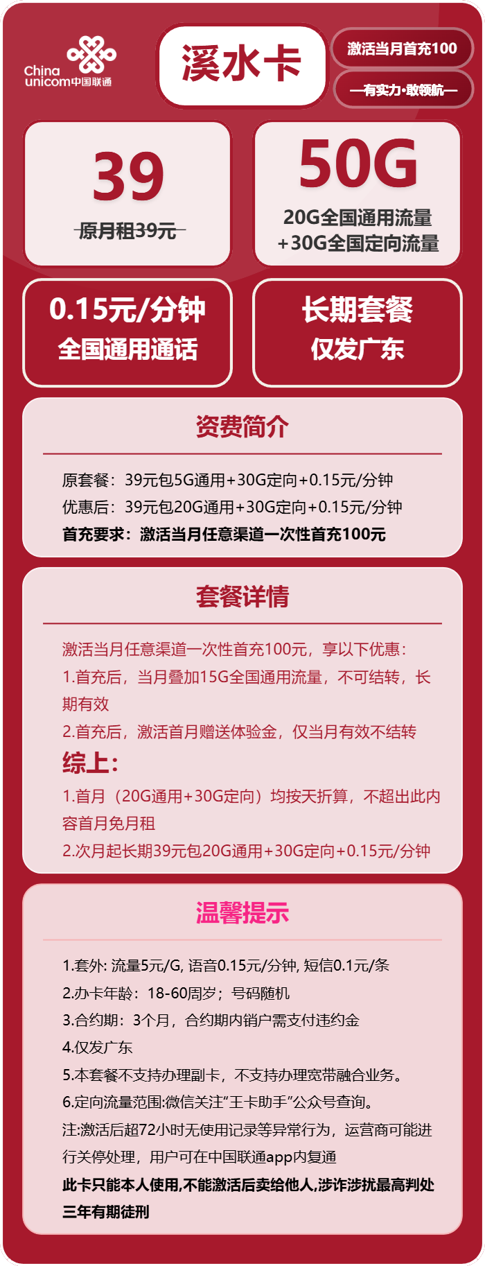 联通溪水卡39元/月:50G流量+通话0.15元/分钟(长期套餐,次月升级为38包260G,仅发广东省内)