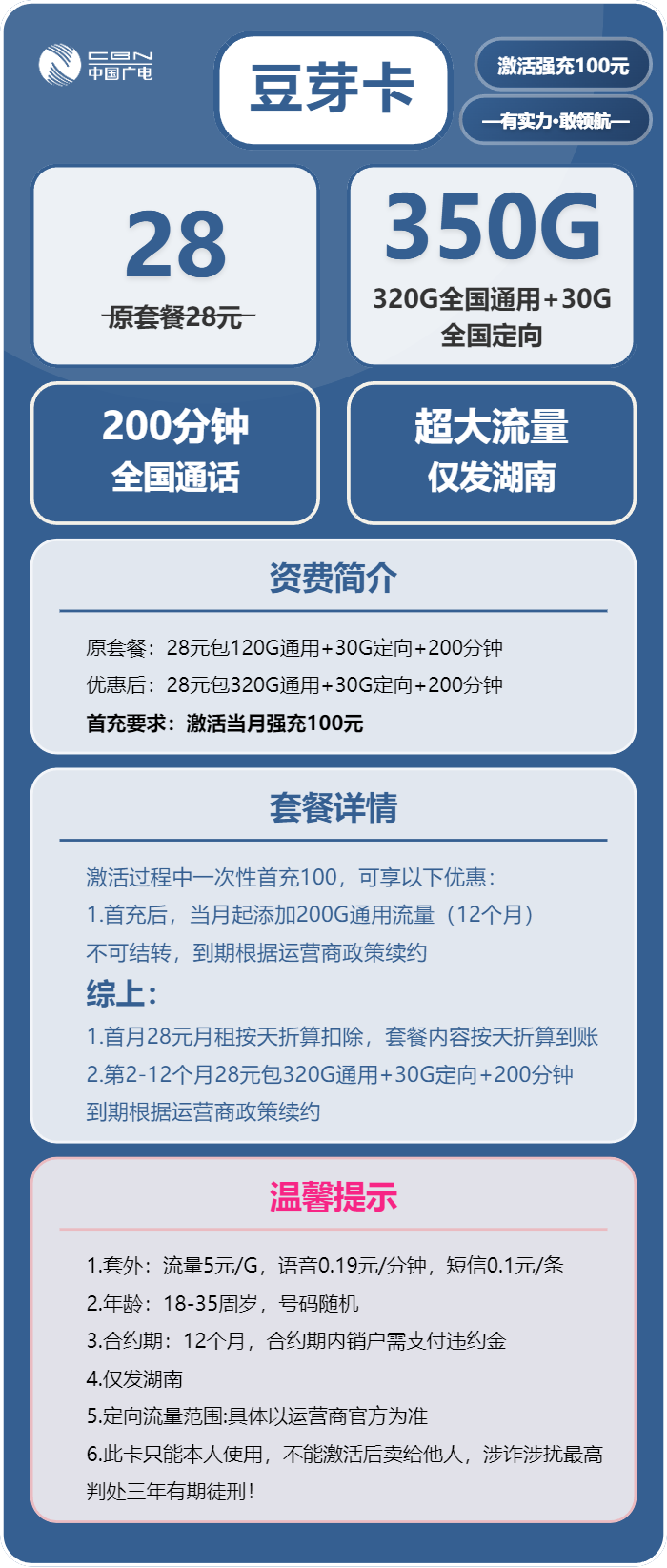 广电豆芽卡28元/月：350G流量+200分钟通话（长期套餐，仅发湖南省内）