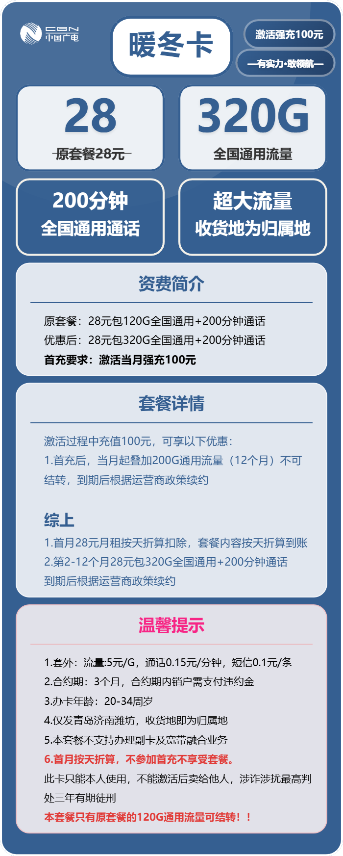 广电暖冬卡28元/月：320G流量+200分钟通话（仅发济南、青岛、潍坊）