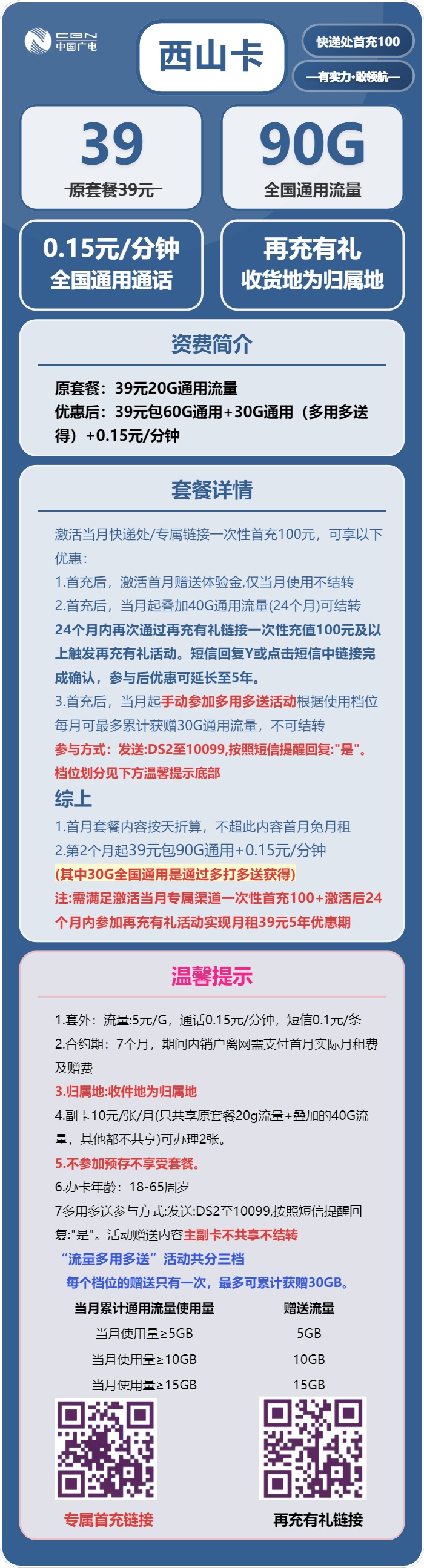 广电西山卡39元/月:90G流量+通话0.15/分钟(5年套餐,收货地为归属地)