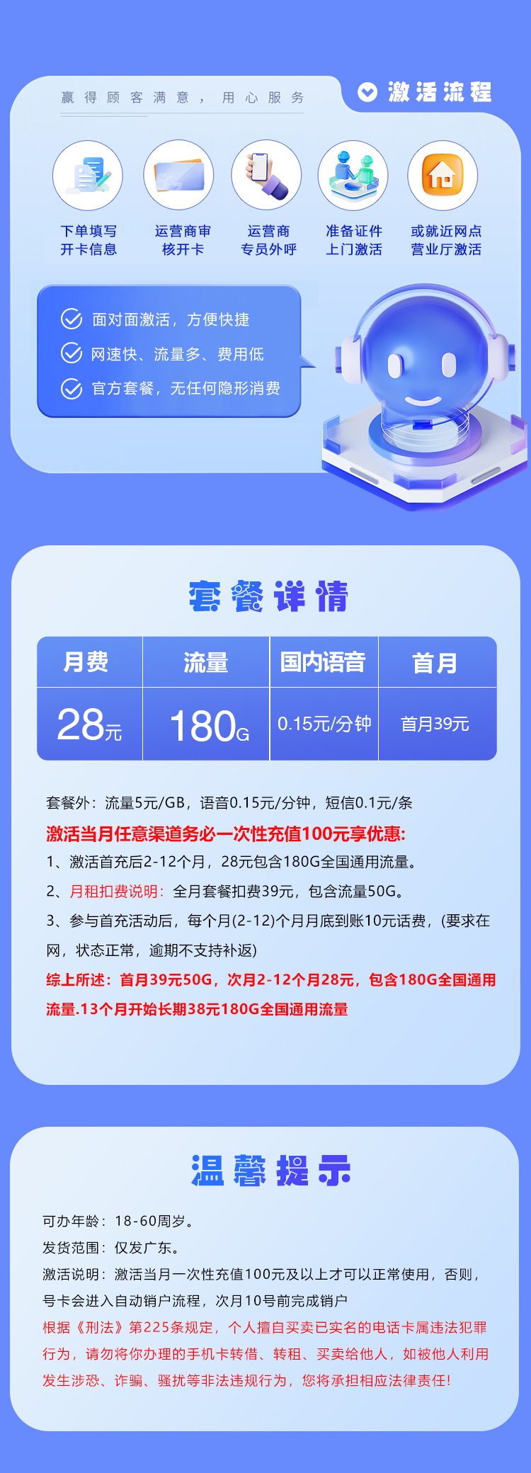 联通广东专享卡③28元/月:180G流量+通话0.15元/分钟(长期套餐,仅发广东省内)