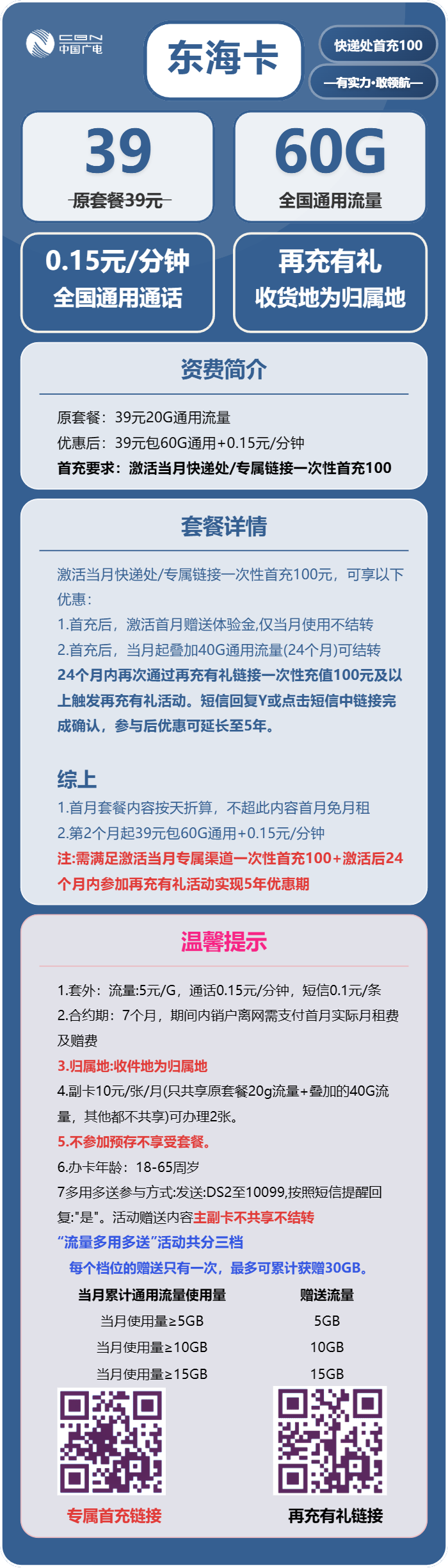 广电东海卡39元/月:60G流量+通话0.15/分钟(5年套餐,收货地为归属地)