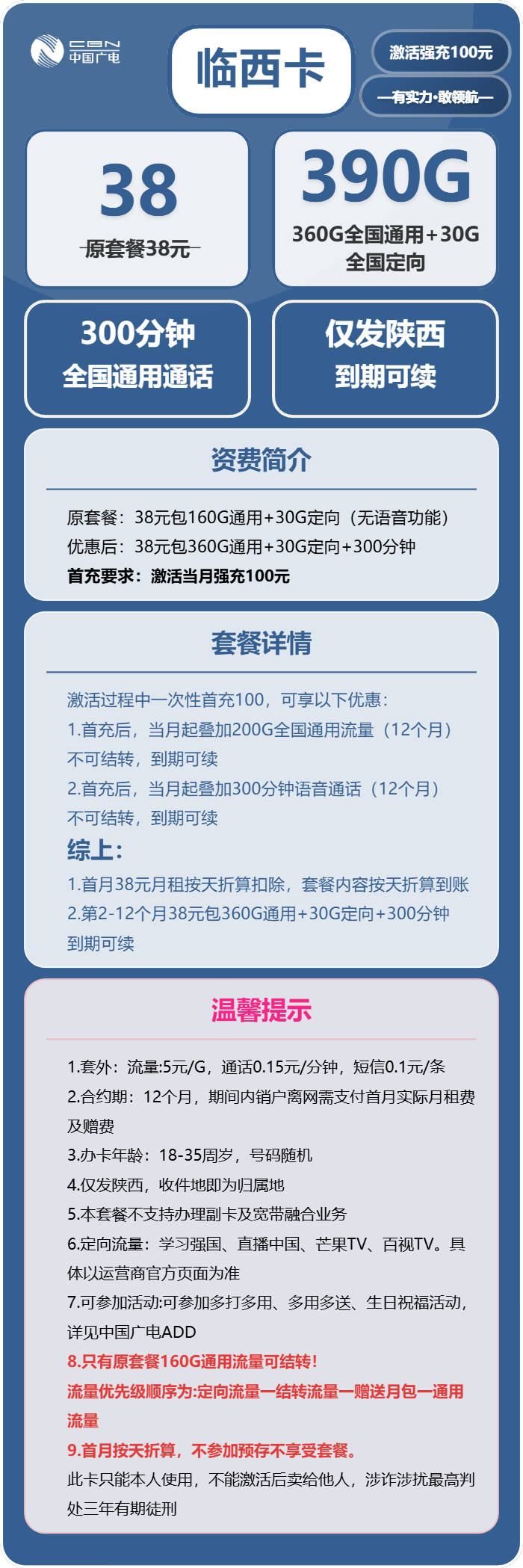 广电临西卡38元/月:390G流量+300分钟通话(长期套餐,仅发陕西省内)