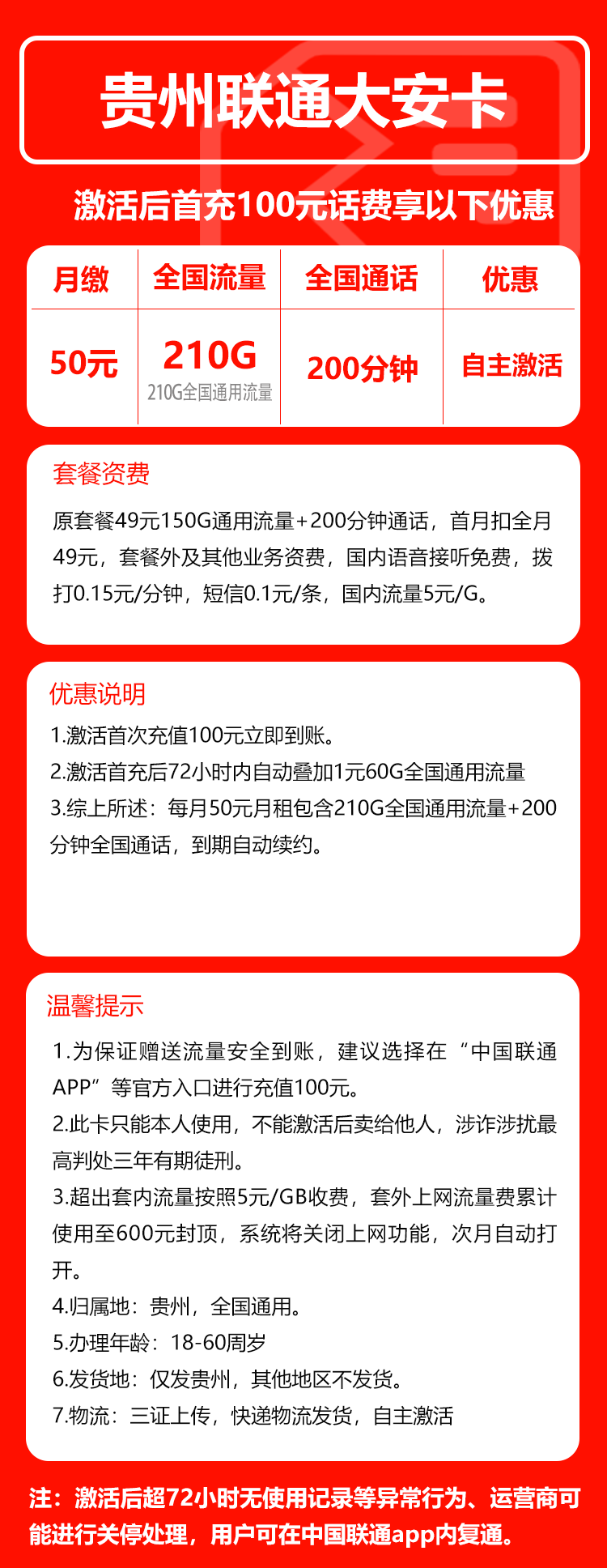联通大安卡50元/月：210G流量+200分钟通话（长期套餐，仅发贵州省内）