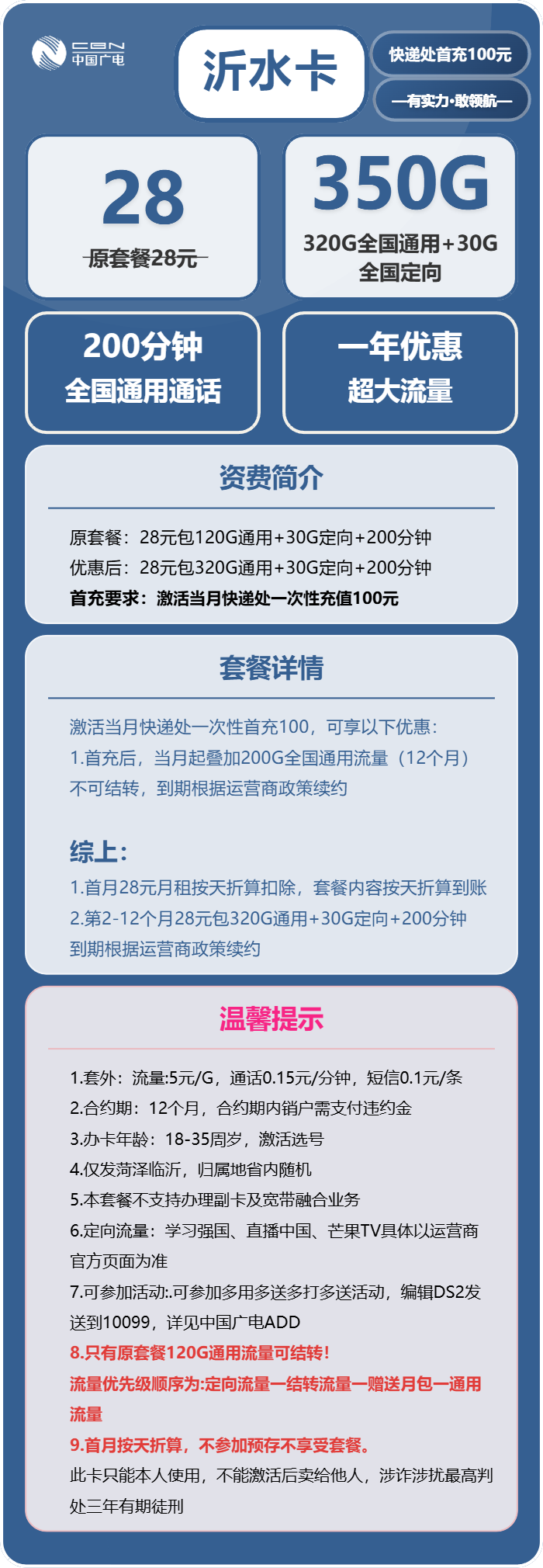 广电沂水卡28元/月:350G流量+200分钟通话(仅发菏泽、临沂,市内)