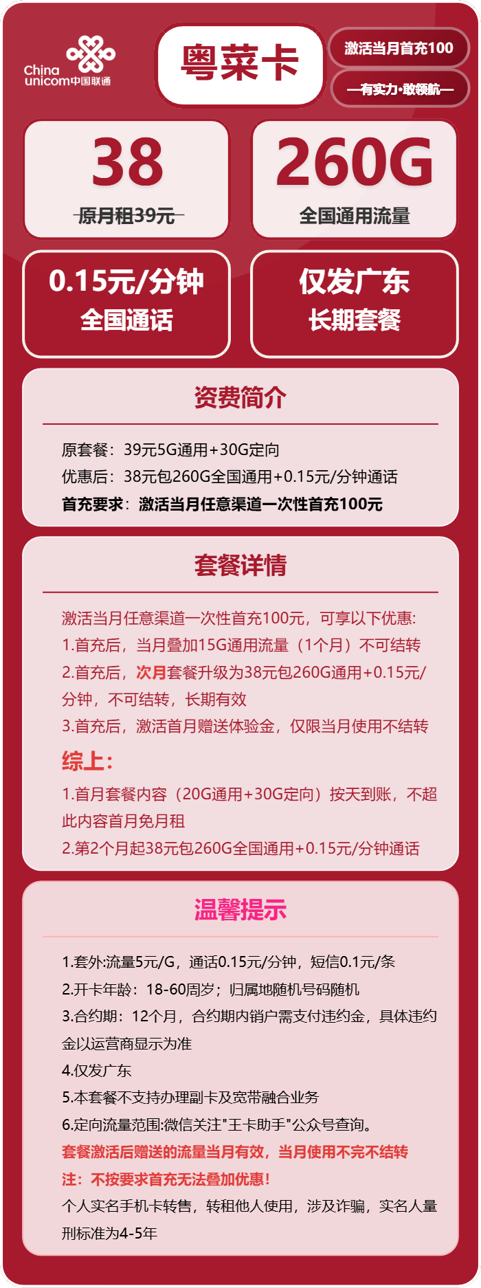 联通粤菜卡38元/月：260G流量+通话0.15元/分钟（长期套餐，次月生效260G，仅发广东省内）
