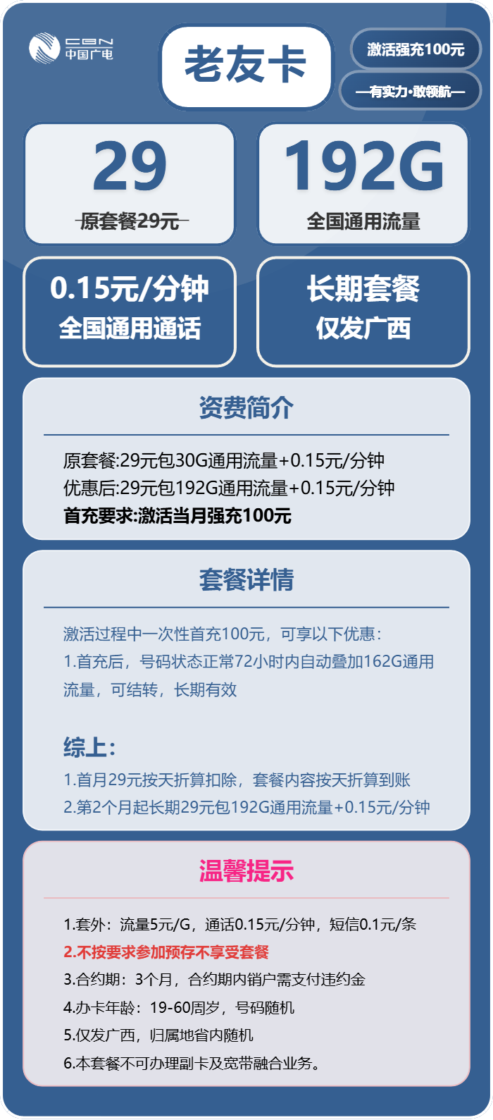 广电老友卡29元/月：192G流量+通话0.15元/分钟（长期套餐，仅发广西省内）