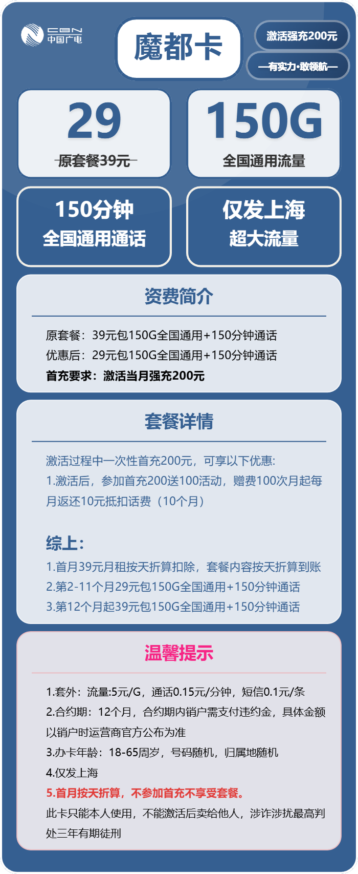广电魔都卡29元/月:150G流量+150分钟通话(长期套餐,仅发上海市内)
