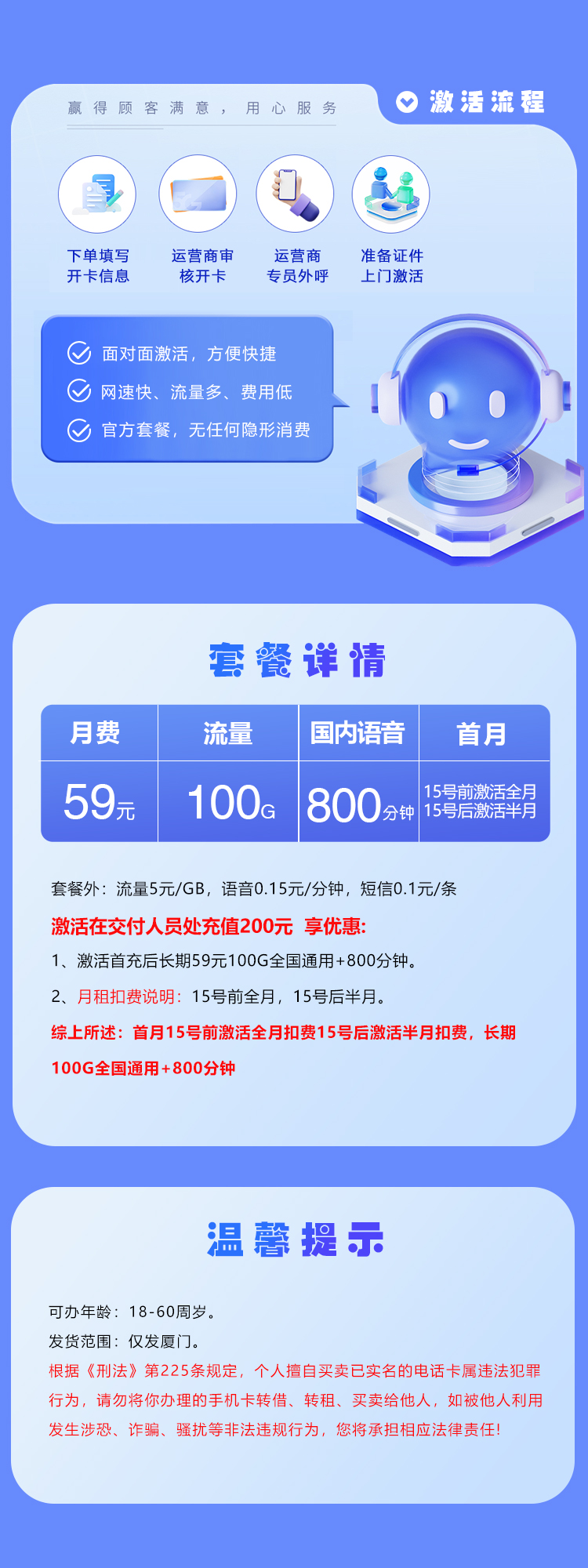 联通厦门专享卡59元/月:100G流量+800分钟通话(长期套餐,仅发厦门市内)