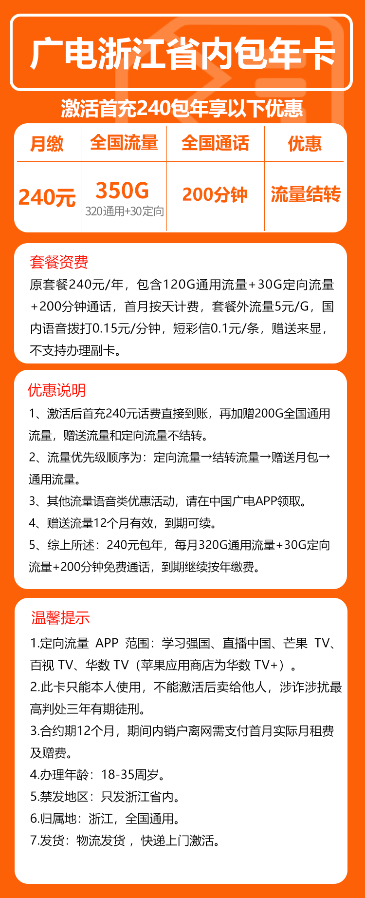 广电浙江省内包年卡②240元/年:每月350G流量+200分钟通话(长期套餐,仅发浙江省内)