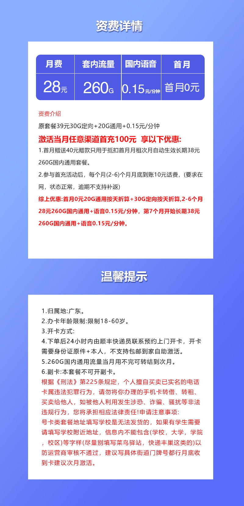 联通广东专属省内卡28元/月：260G流量+通话0.15元/分钟（长期套餐。仅发广东省内）