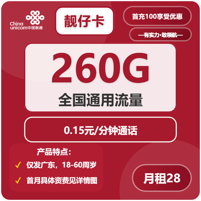 联通靓仔卡28元/月：260G流量+通话0.15元/分钟（长期套餐，仅发广东省内）
