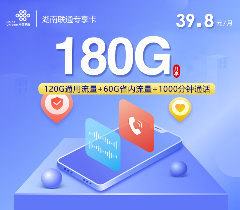 联通湖南专享卡②39.8元/月：180G流量+1000分钟通话（长期套餐，仅发湖南省内）