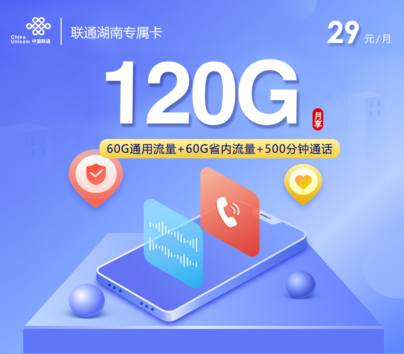 联通湖南专属卡29元/月：120G流量+500分钟通话（长期套餐，仅发湖南省内）