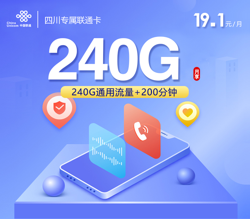 联通四川专属卡③19.1元/月：240G流量+200分钟通话（长期套餐，仅发四川省内）