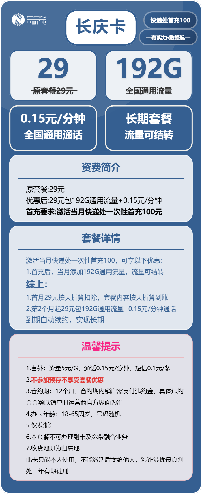 广电长庆卡29元/月:192G流量+通话0.15元/分钟(长期套餐,仅发浙江省内)