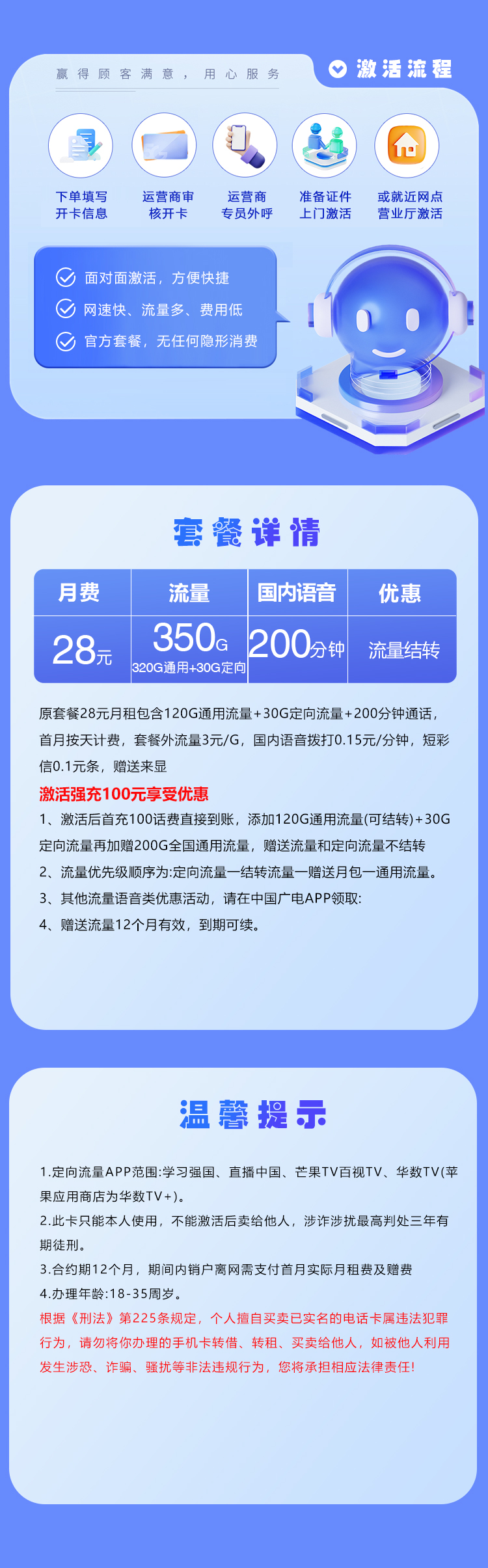 广电山东专属卡28元/月:350G流量+200分钟通话(长期套餐,仅发济南、济宁、潍坊、淄博)