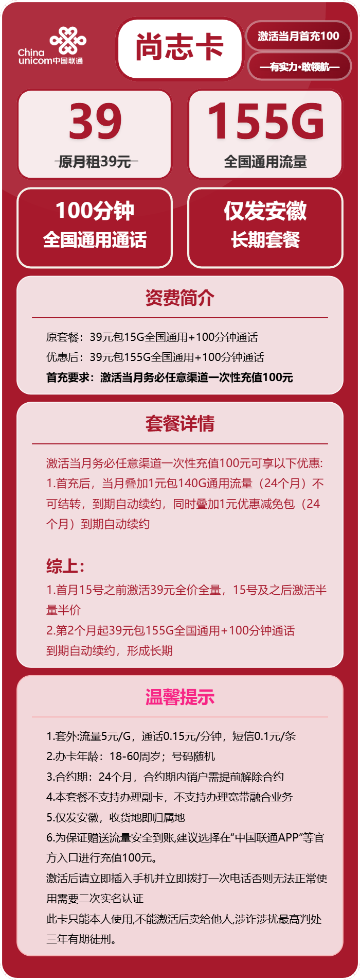 联通尚志卡39元/月：155G流量+100分钟通话（长期套餐，仅发安徽省内）