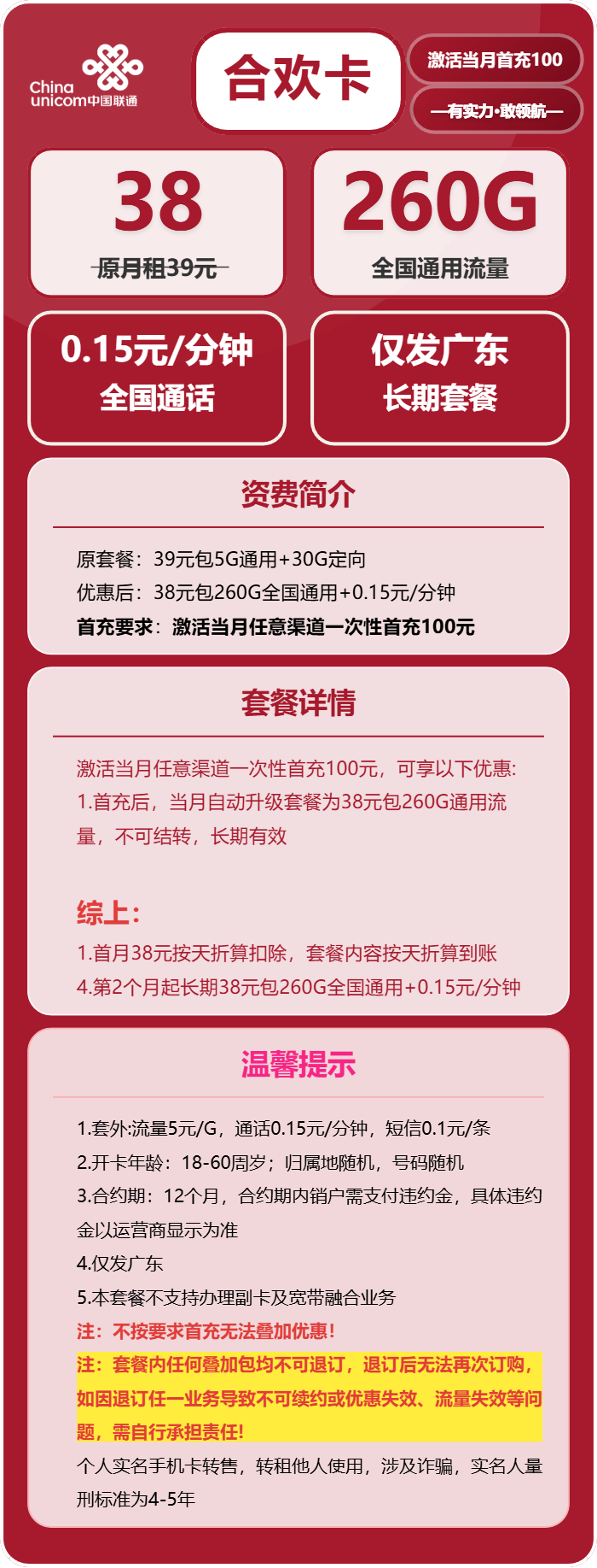 联通合欢卡38元/月：260G流量+通话0.15元/分钟（长期套餐，仅发广东省内）