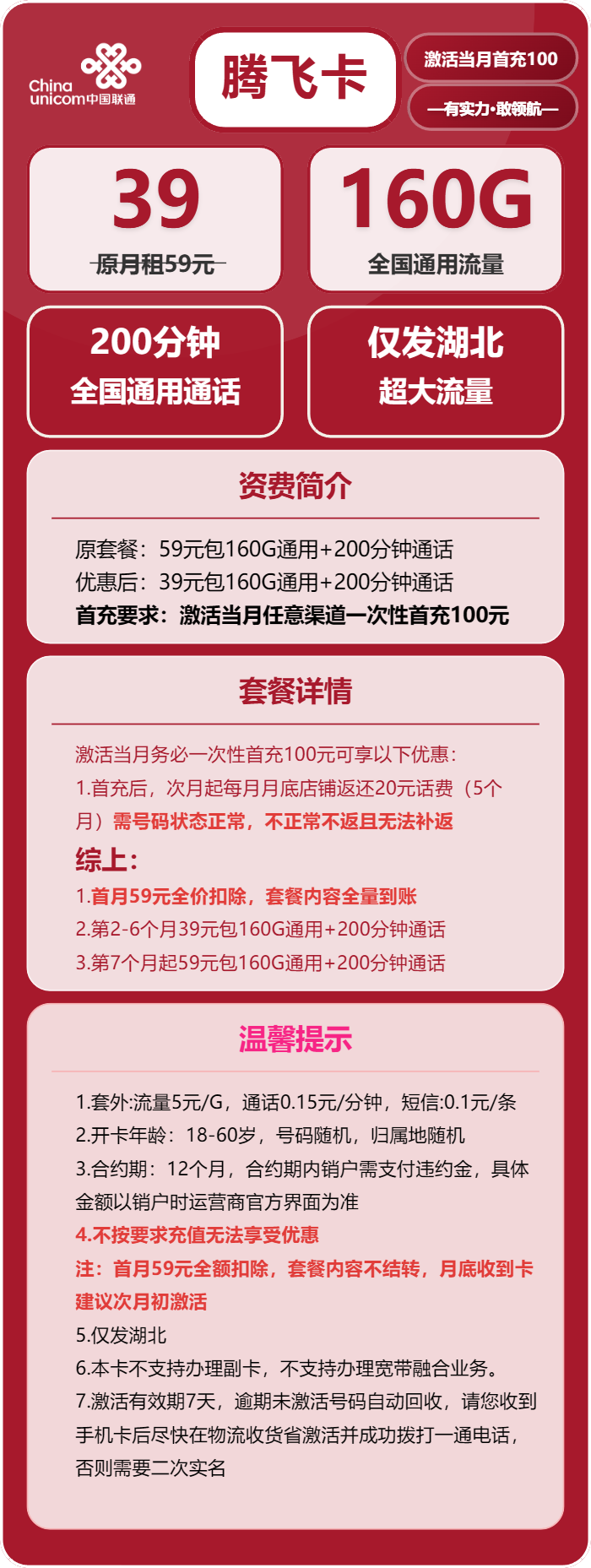 联通腾飞卡39元/月：160G流量+200分钟通话（长期套餐，仅发湖北省内） -90好卡
