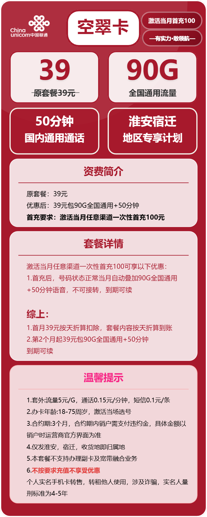 联通空翠卡39元/月:90G流量+50分钟通话(长期套餐,仅发江苏省淮安市、宿迁市)