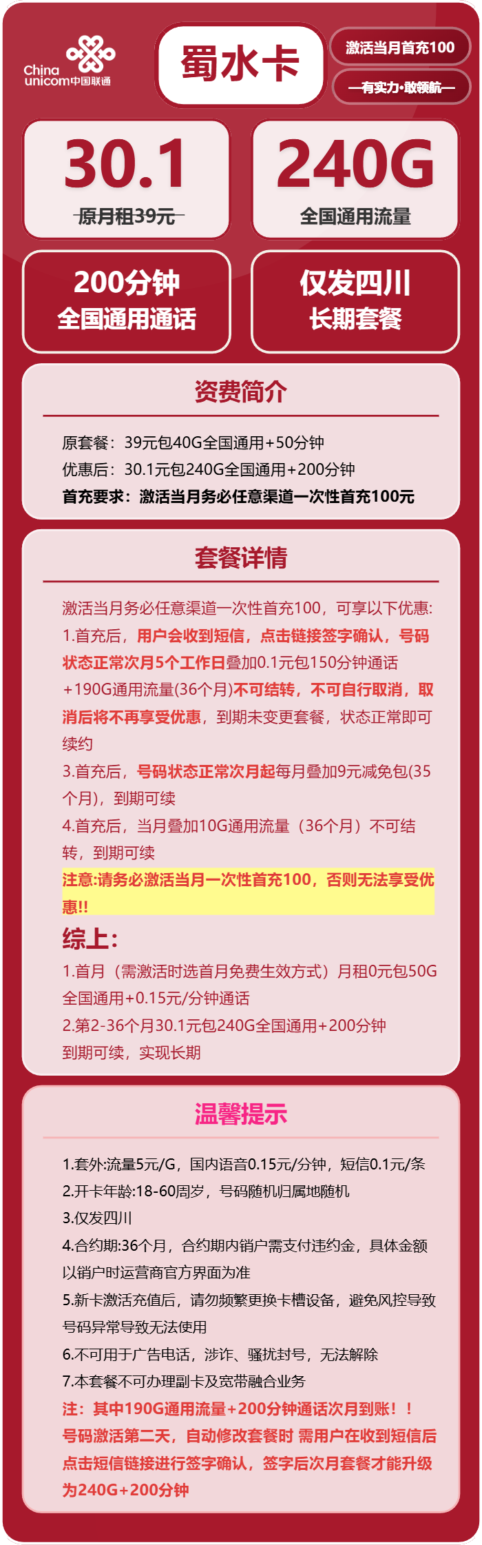 联通蜀水卡30.1元/月：240G流量+200分钟通话（长期套餐，套餐次月生效，仅发四川省内）