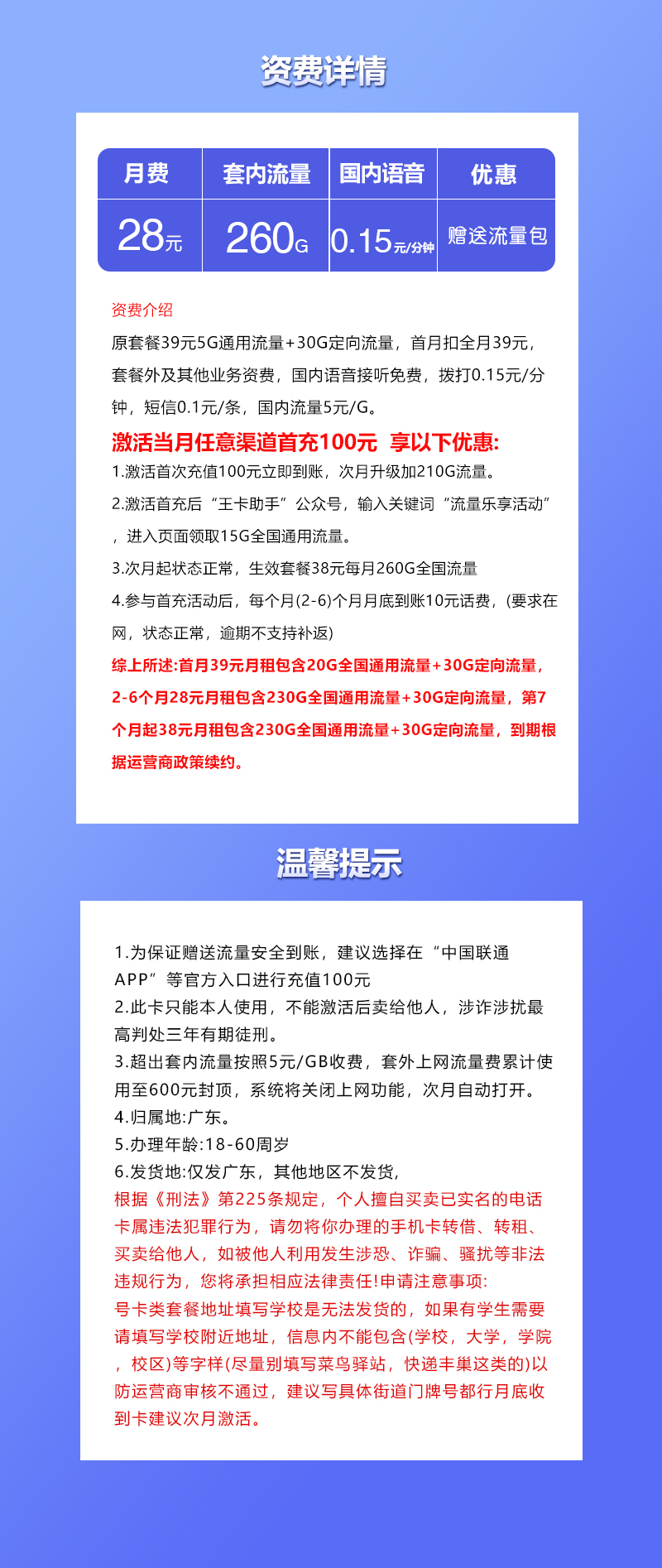 联通广东省内卡⑥28元/月:260G流量+通话0.15元/分钟(长期套餐,仅发广东省内)