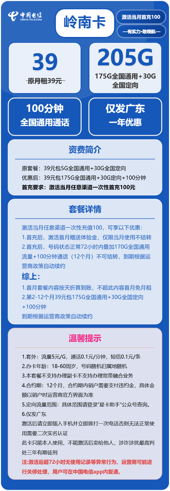 电信岭南卡39元/月：205G流量+100分钟通话（长期套餐，仅发广东省内）