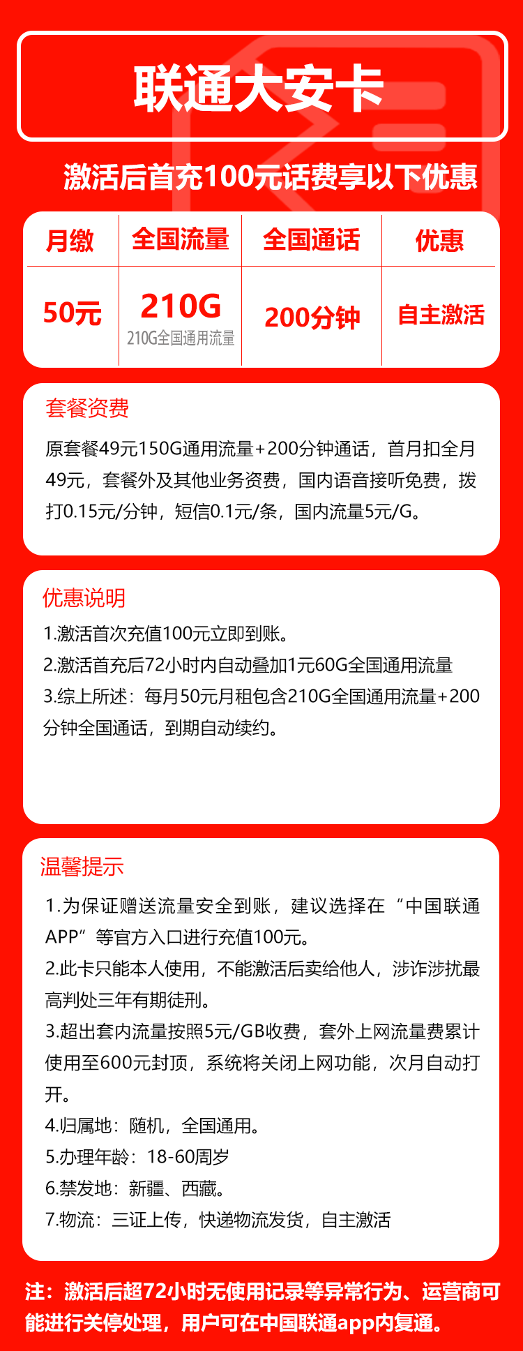 联通大安卡②50元/月:210G流量+200分钟通话(长期套餐,全国发货)