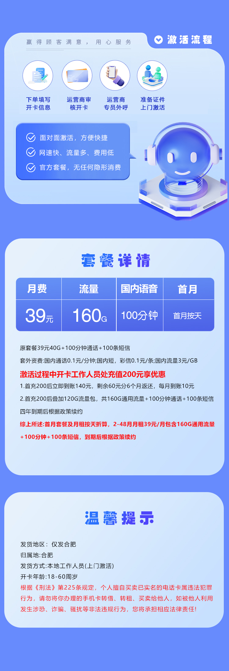 电信合肥专属卡39元/月:160G流量+100分钟通话+100条短信(4年套餐,仅发安徽省合肥市)