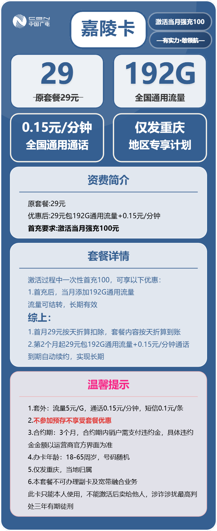广电嘉陵卡29元/月:192G流量+通话0.15元/分钟(长期套餐,仅发重庆市内)