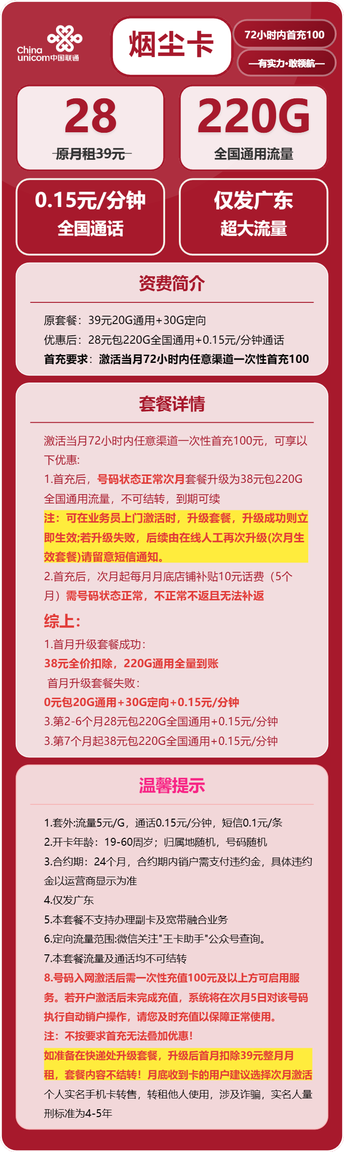 联通烟尘卡28元/月:220G流量+通话0.15元/分钟(长期套餐,仅发广东省内)
