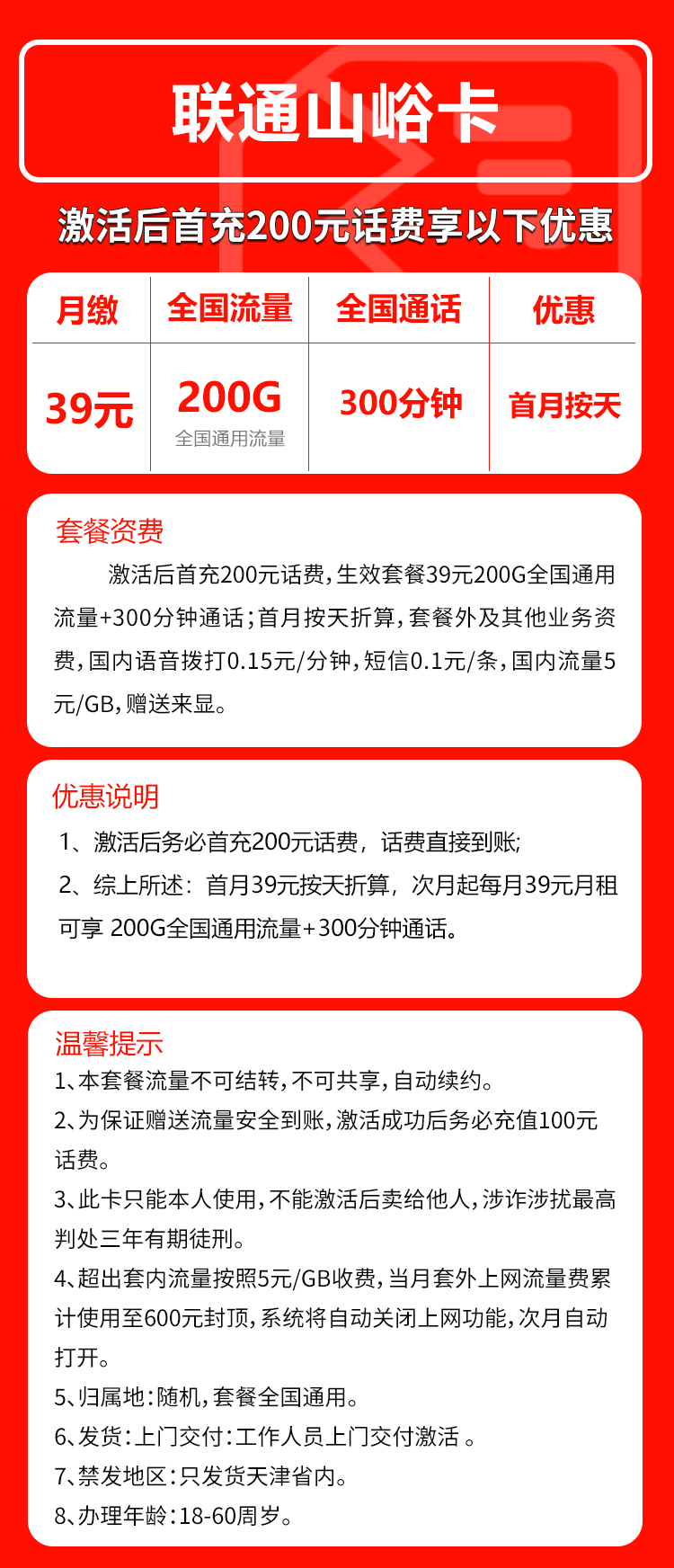 联通山峪卡39元/月：200G流量+300分钟通话（长期套餐，仅发天津市内）