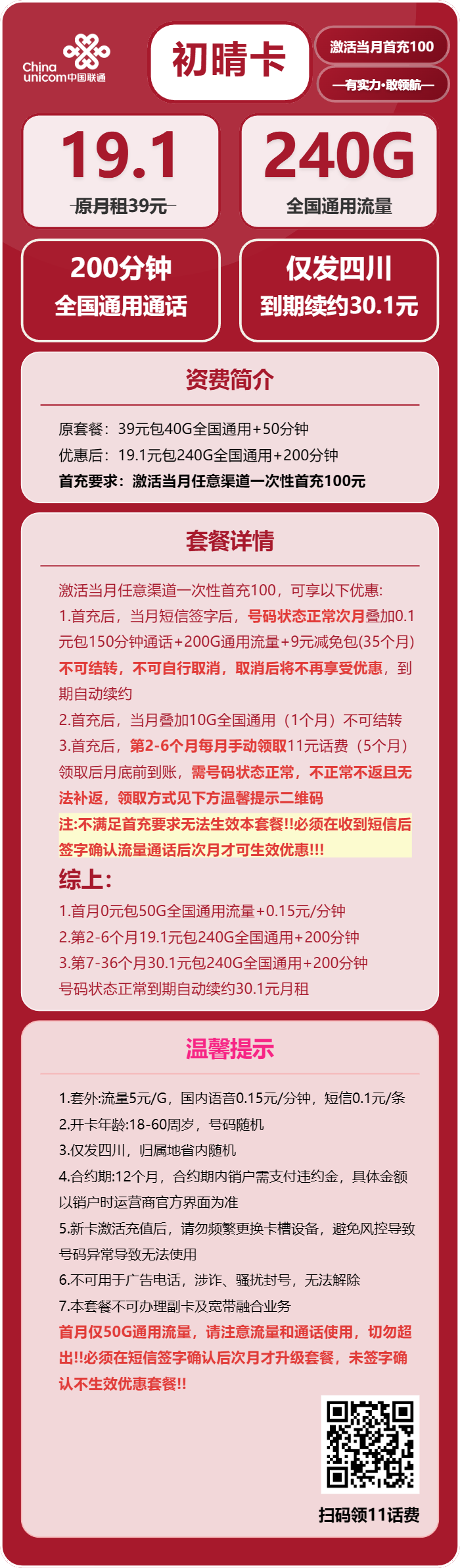 联通初晴卡19.1元/月:240G流量+200分钟通话(长期套餐,仅发四川省内)